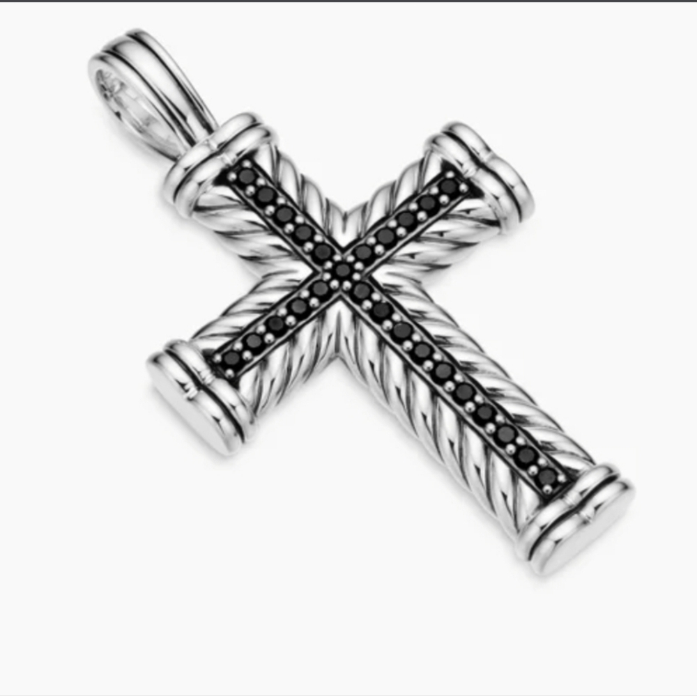 Men's DY Chevron Cross In Stylish Silver With Black Diamond. Have Pouch. #74